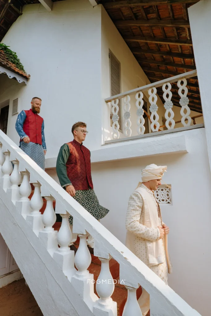 David walking down with his groomsmen at Prainha Resort by the Sea, Goa