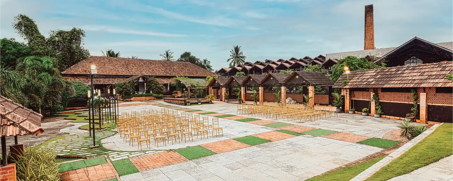 K-Hills tile factory courtyard set for a ceremony, among the heritage wedding venues in Calicut
